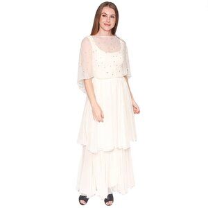 697. VINTAGE Ivory Sheer Cape Crystal Embellishment Maxi Gown XS